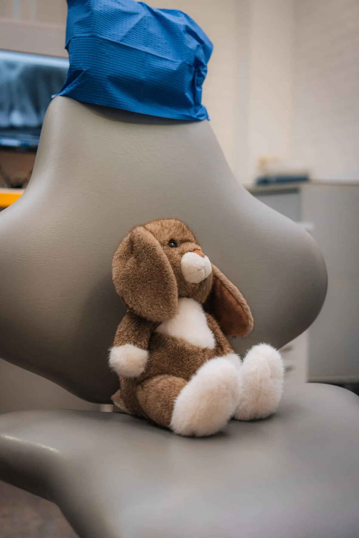 Knuffelbeer zit klaar op de behandelstoel van Mondzorg Schaijk